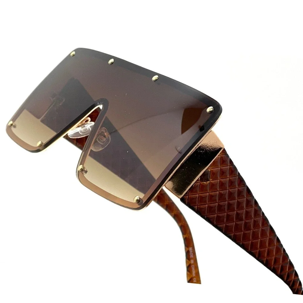 Shield Sunglasses Men Oversized Flat Top Rivet Detail‎ Brown Fashion Luxury